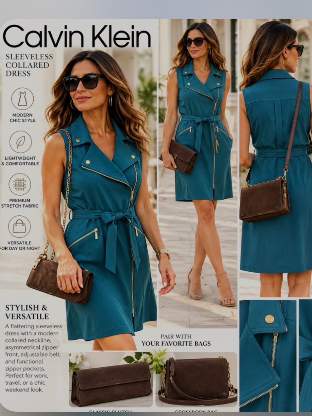 Calvin Klein Teal Sleeveless Collared Zip Dress with Tie Belt